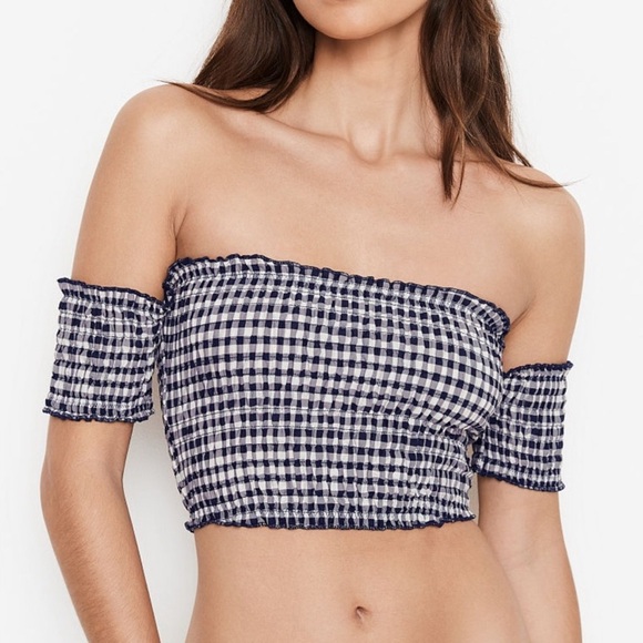 Victoria’s Secret Off The Shoulder Strapless‎ Gingham Check Navy Crop Tube Top M - Picture 1 of 7